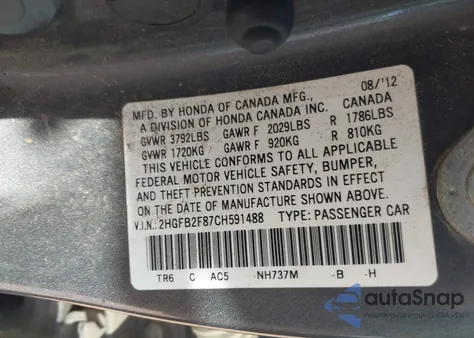 2012 Honda Civic Ex z USA, uszkodzony, nr VIN 2HGFB2F87CH591488
